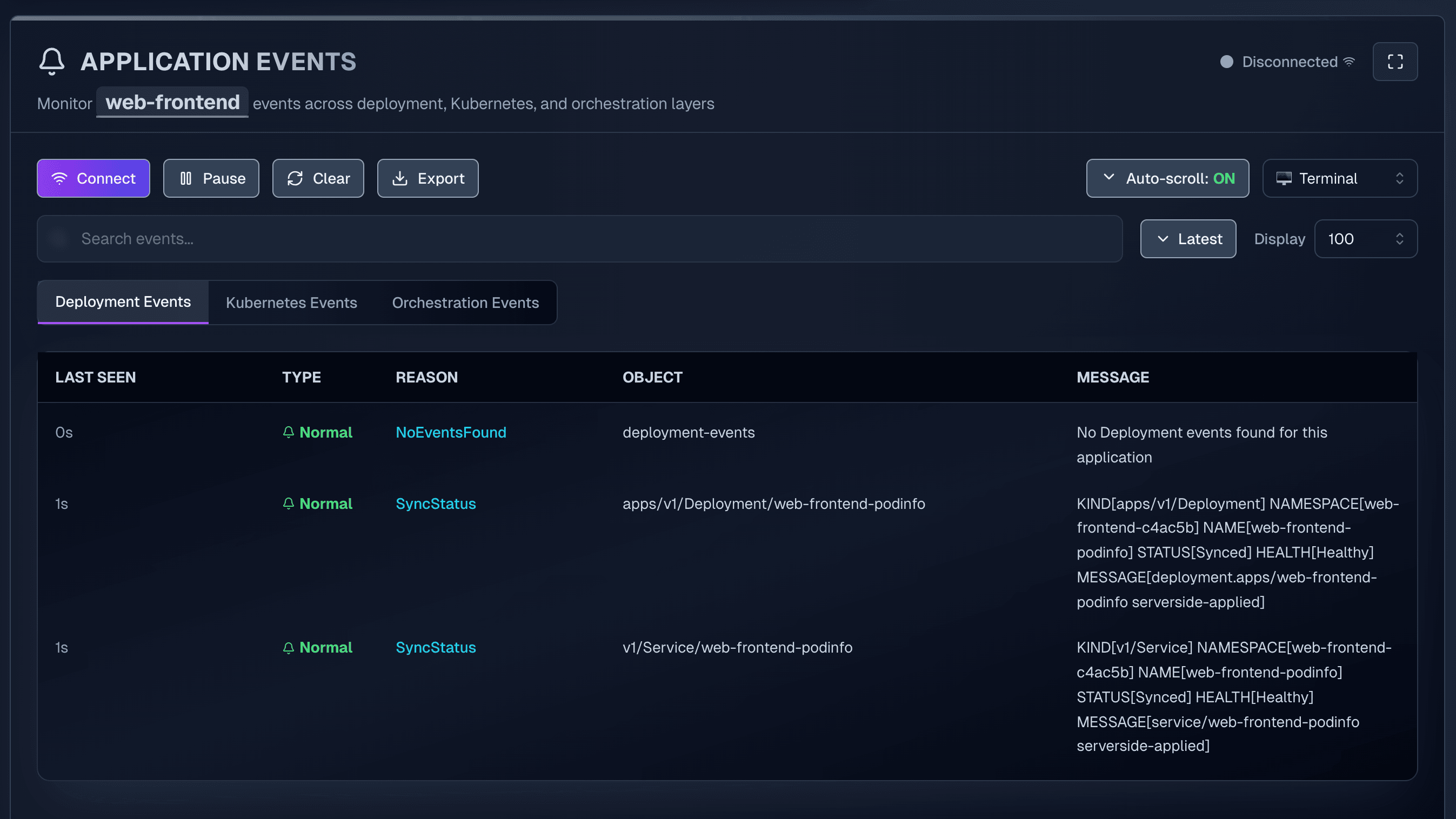 Application events streaming live: sync status per Kubernetes object, with kind, namespace, health, and message