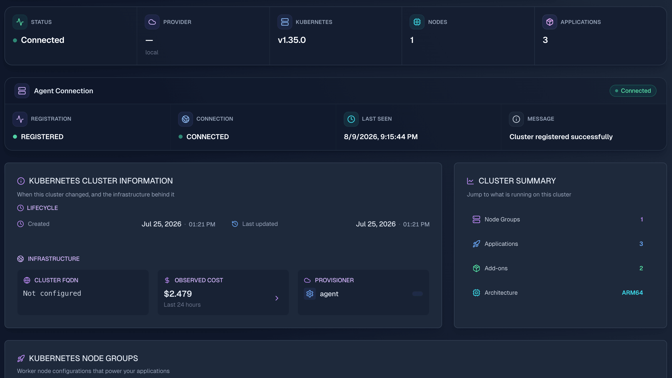 Cluster overview: connected status, Kubernetes version, nodes, applications, and the live agent connection panel