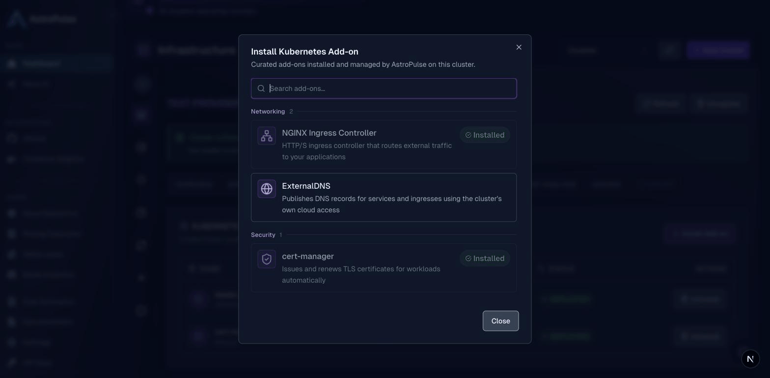 Installing an add-on from the catalog — pick it, review the defaults, install