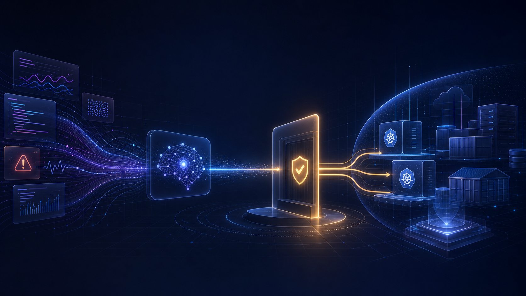 AI diagnosis flowing through a governed approval gate into production infrastructure