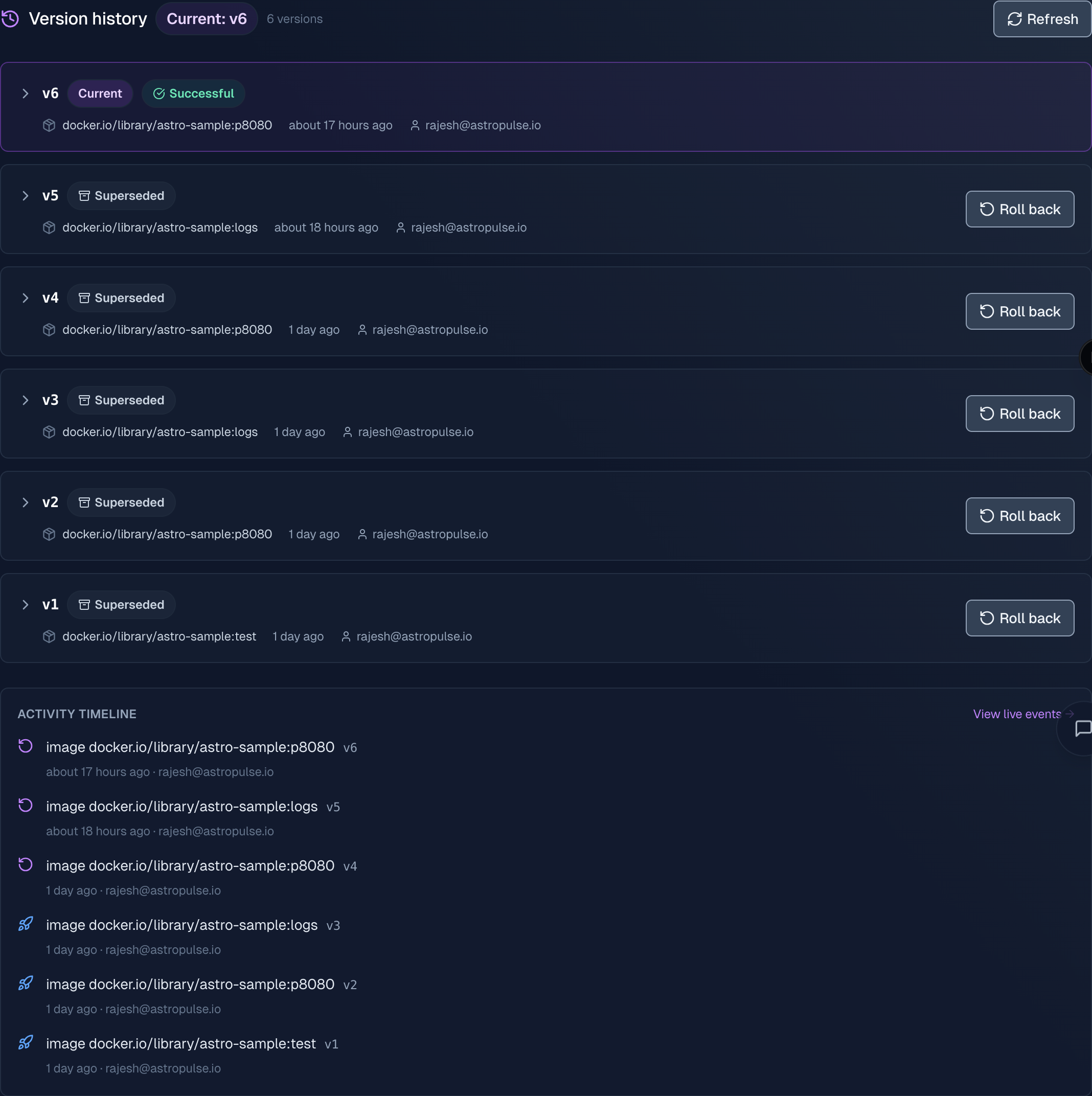 Application deploy history in the console