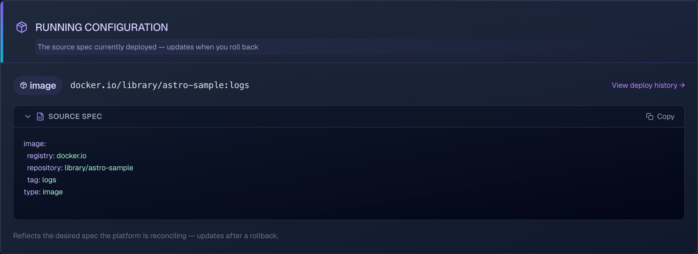 Running configuration of a deployed application in the console