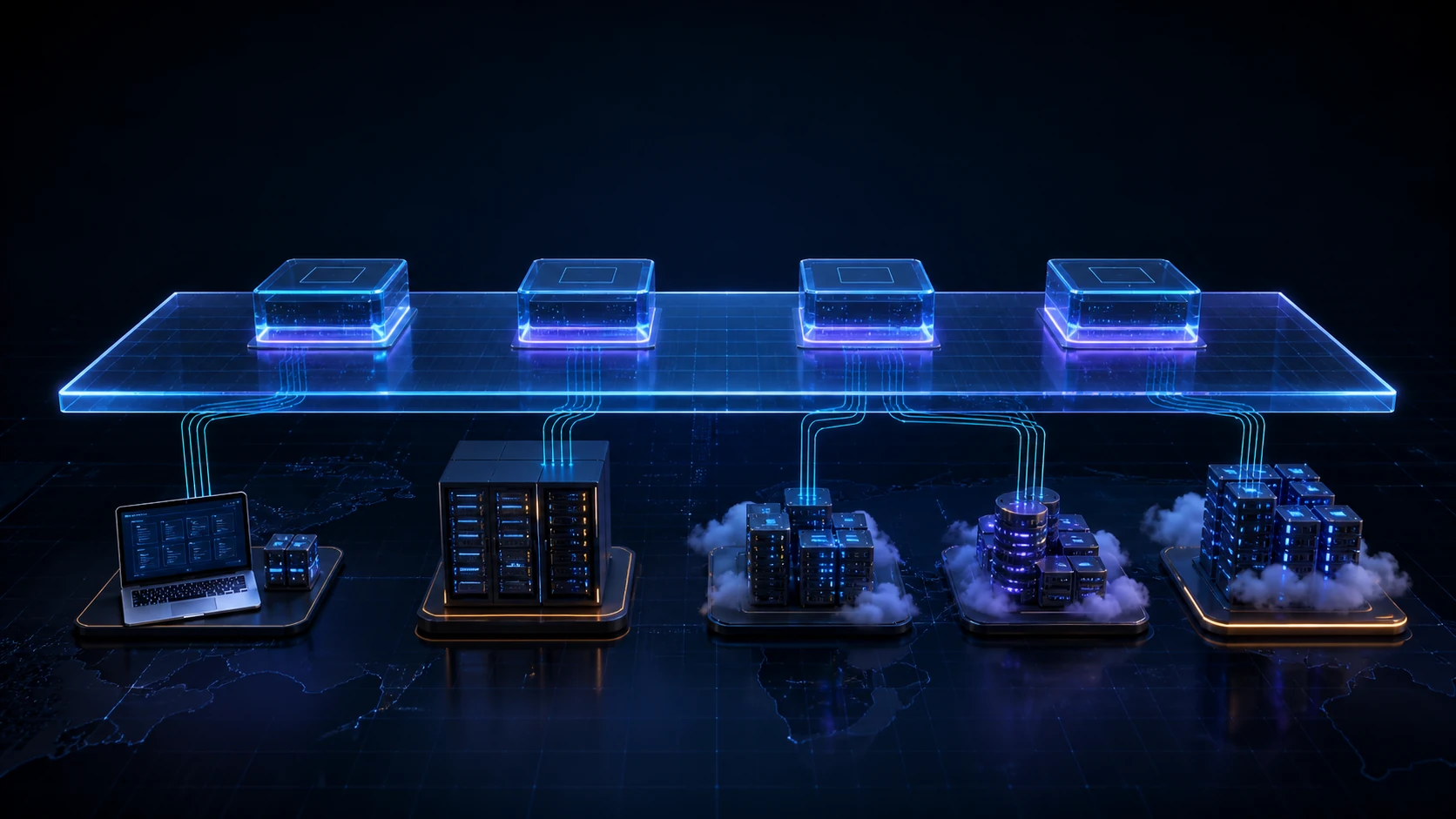 One continuous platform layer spanning a developer laptop, on-premises servers, and several cloud infrastructure environments