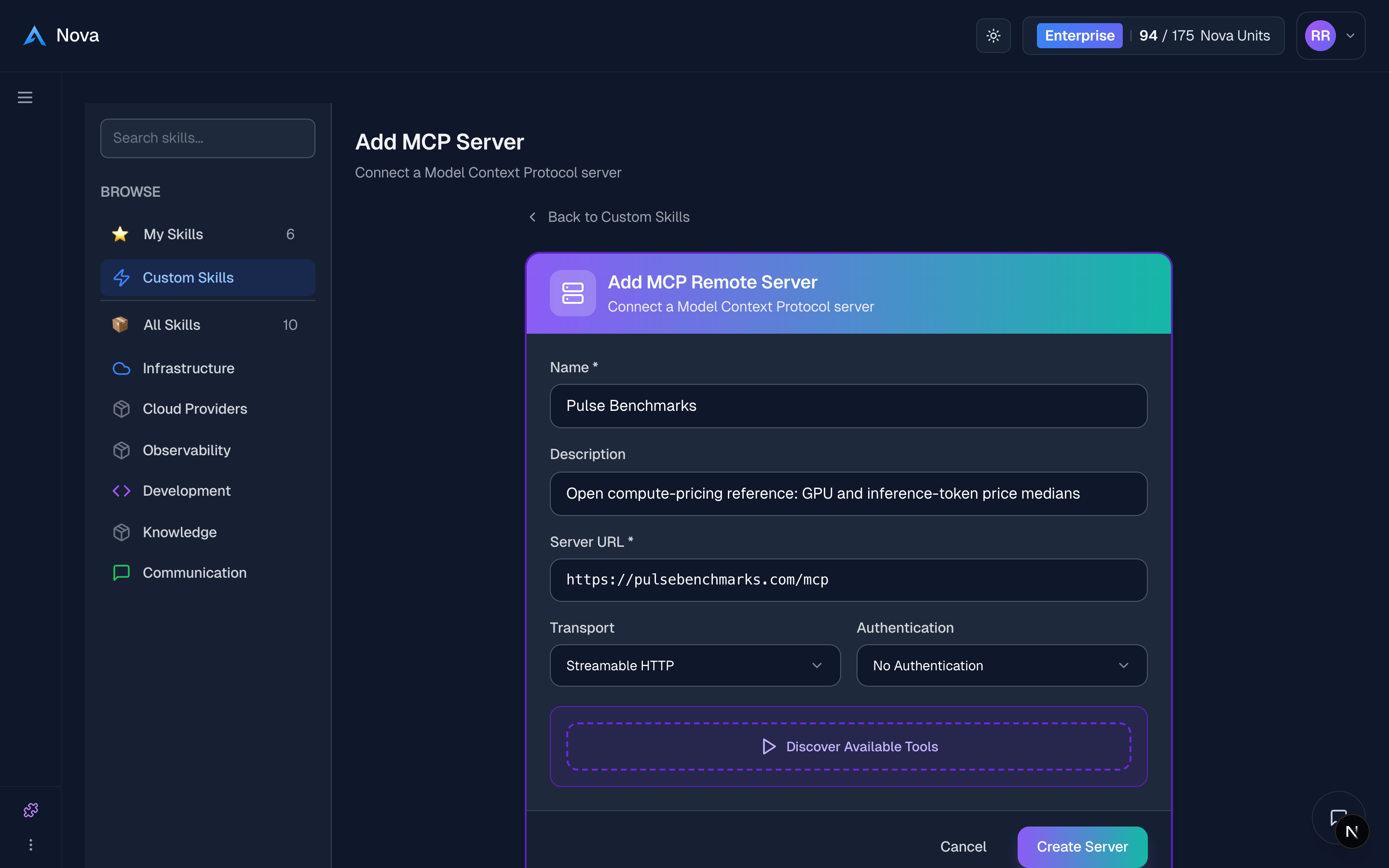Adding a custom MCP server in Nova