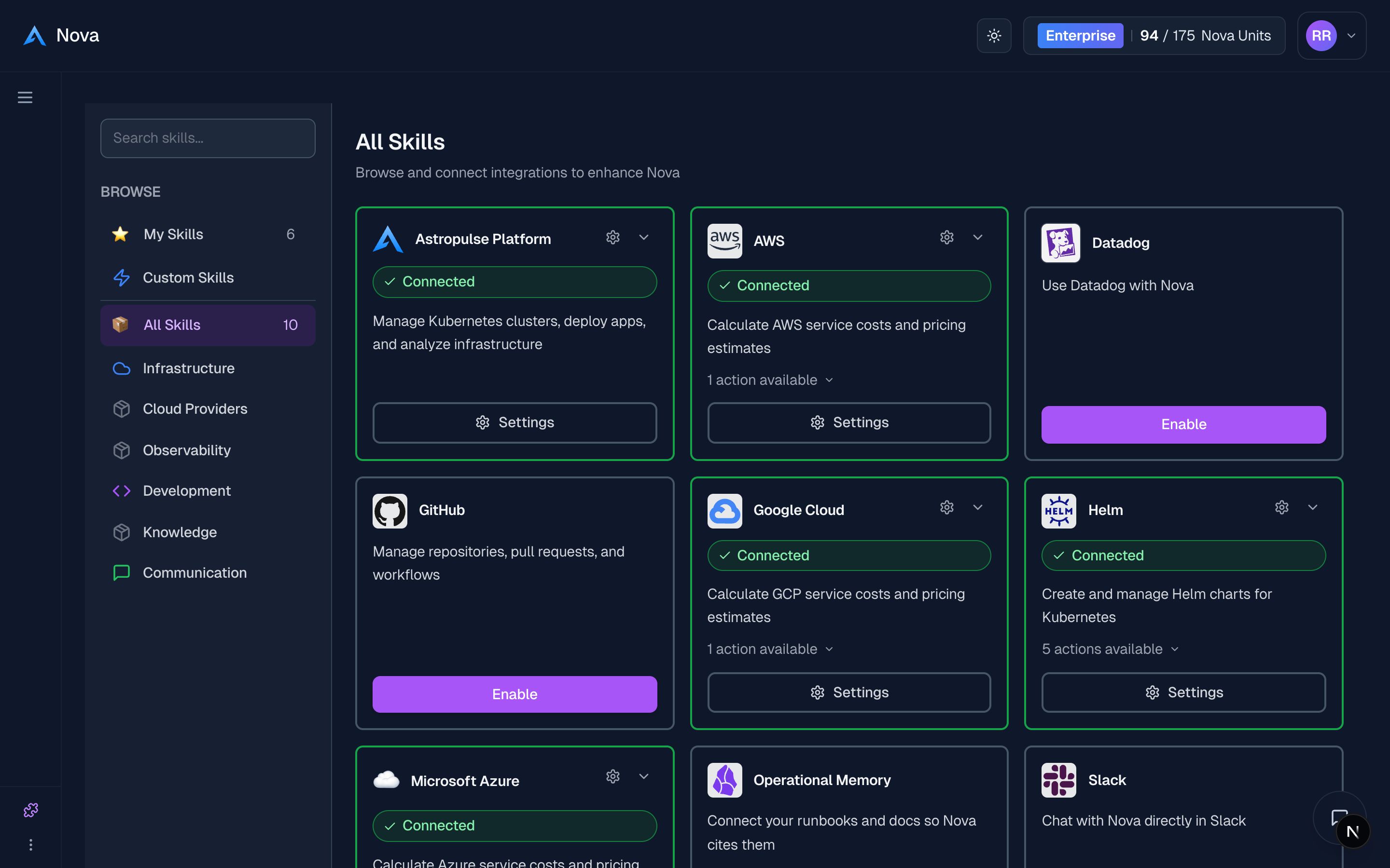 The Nova Skills panel